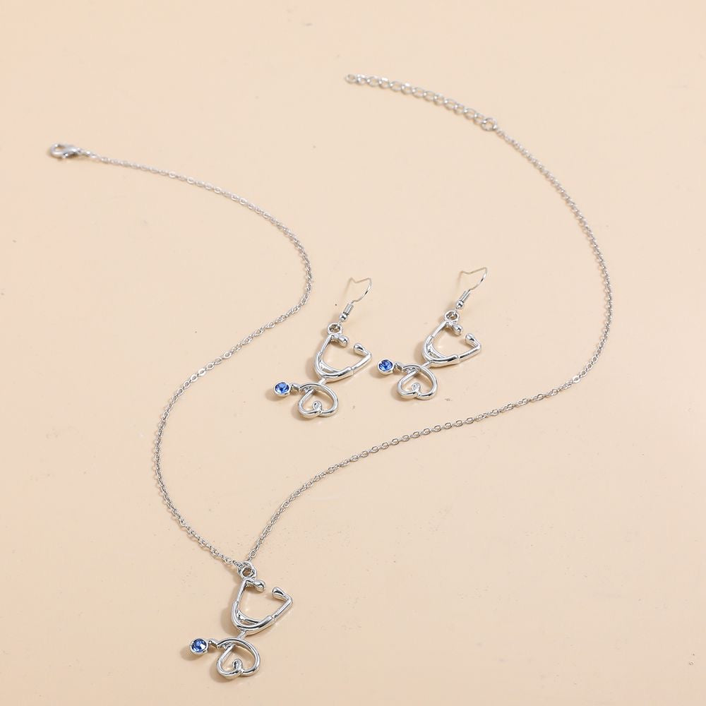 “Stethy Bae” Silver Blue Gem Stethoscope Earrings and Necklace Set