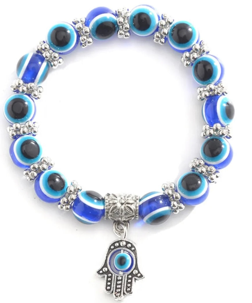 “Divine Eye” Blue and metallic Hamsa Evil Eye Bracelet