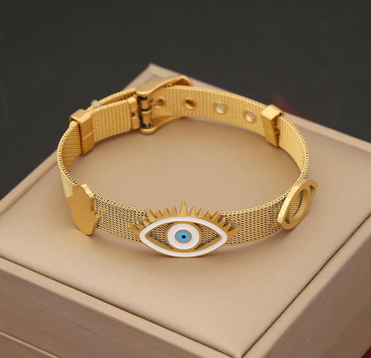 “Divine Eye Golden Grace” Gold Evil Eye/Hamsa Adjustable Bracelet