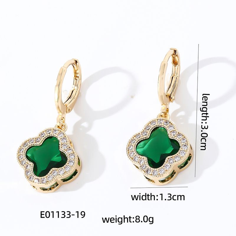 “Arpaia” Green Gem dainty gold toned clover earrings