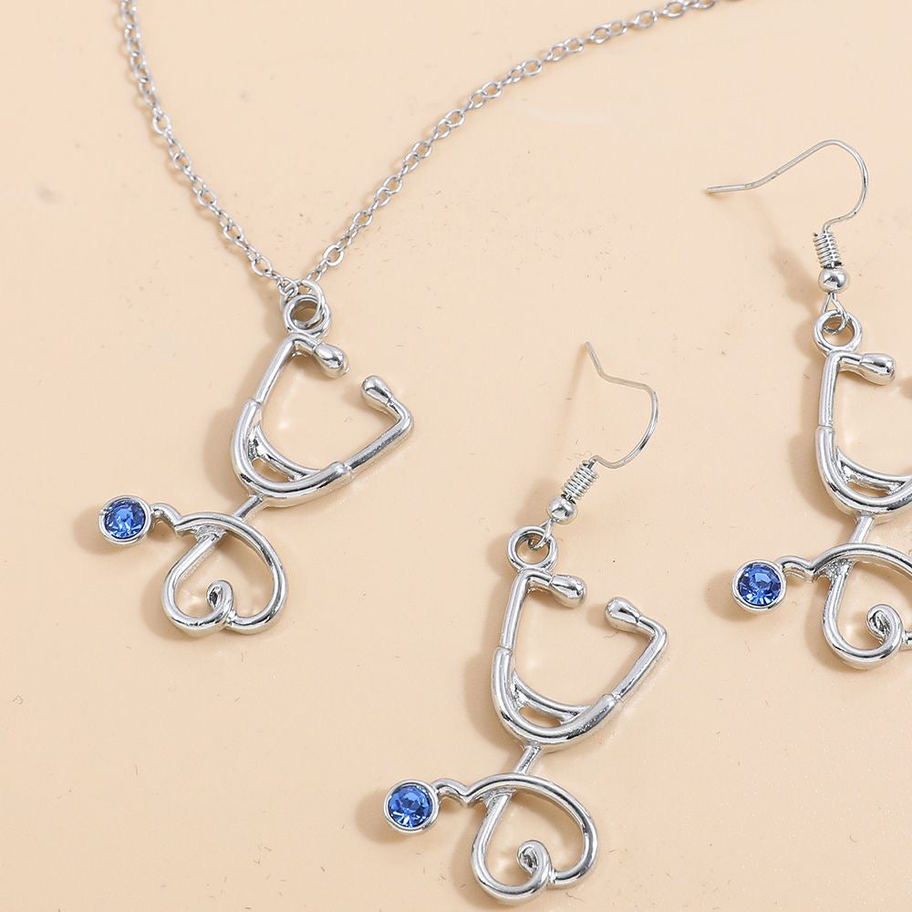 “Stethy Bae” Silver Blue Gem Stethoscope Earrings and Necklace Set