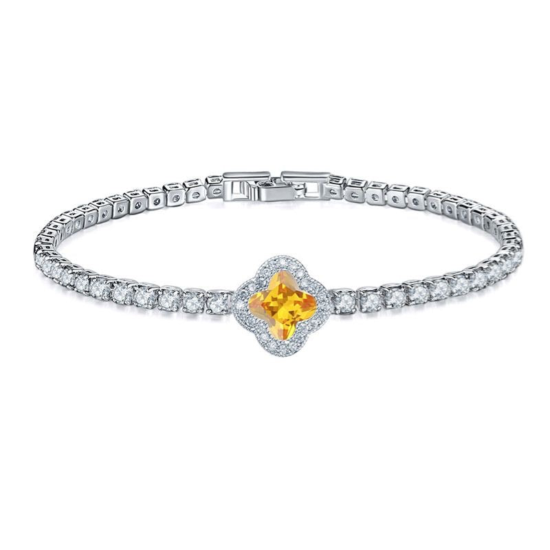 “Arpaia” Yellow Gem Silver Rhinestone Van Clover Bracelet