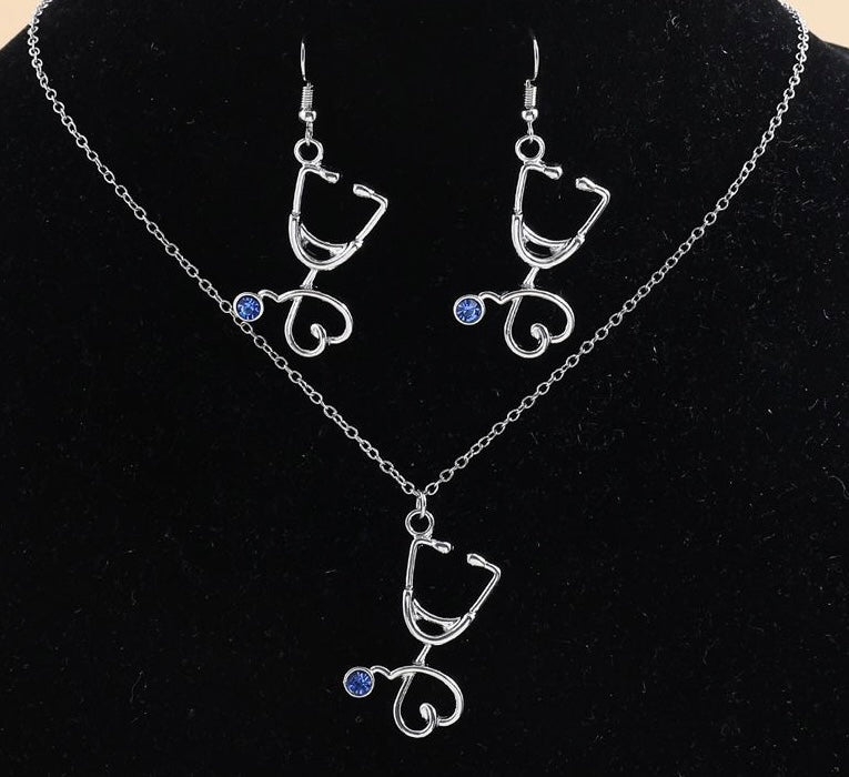 “Stethy Bae” Silver Blue Gem Stethoscope Earrings and Necklace Set