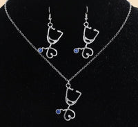 “Stethy Bae” Silver Blue Gem Stethoscope Earrings and Necklace Set