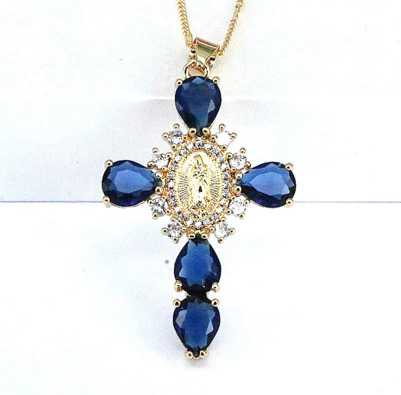 “Ave Maria” Blue Rhinestone Encrusted Cross