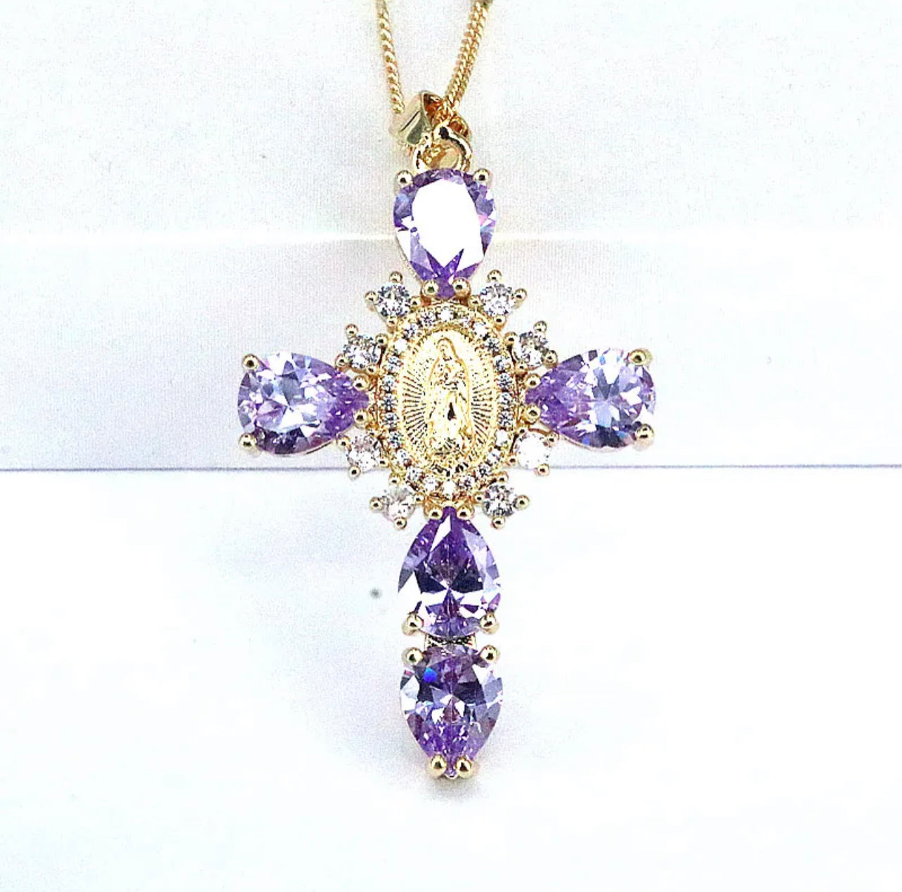 “Ave Maria” Purple Rhinestone Encrusted Cross