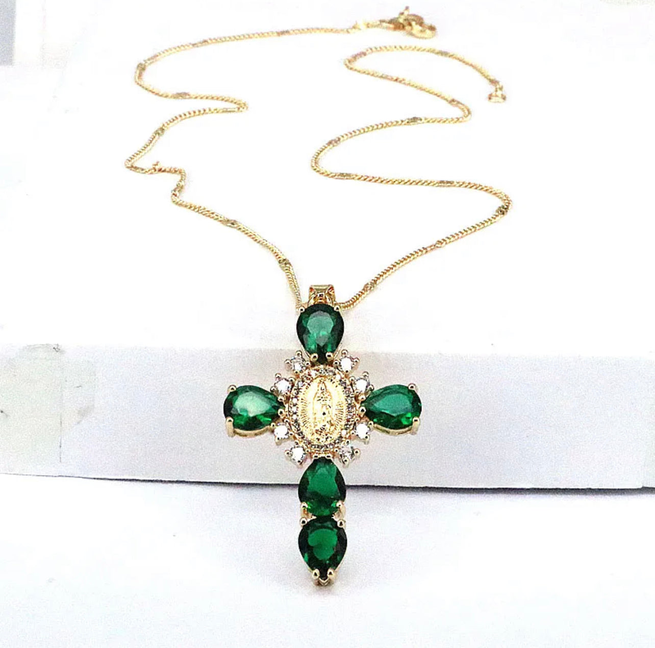 “Ave Maria” Green Rhinestone Encrusted Cross