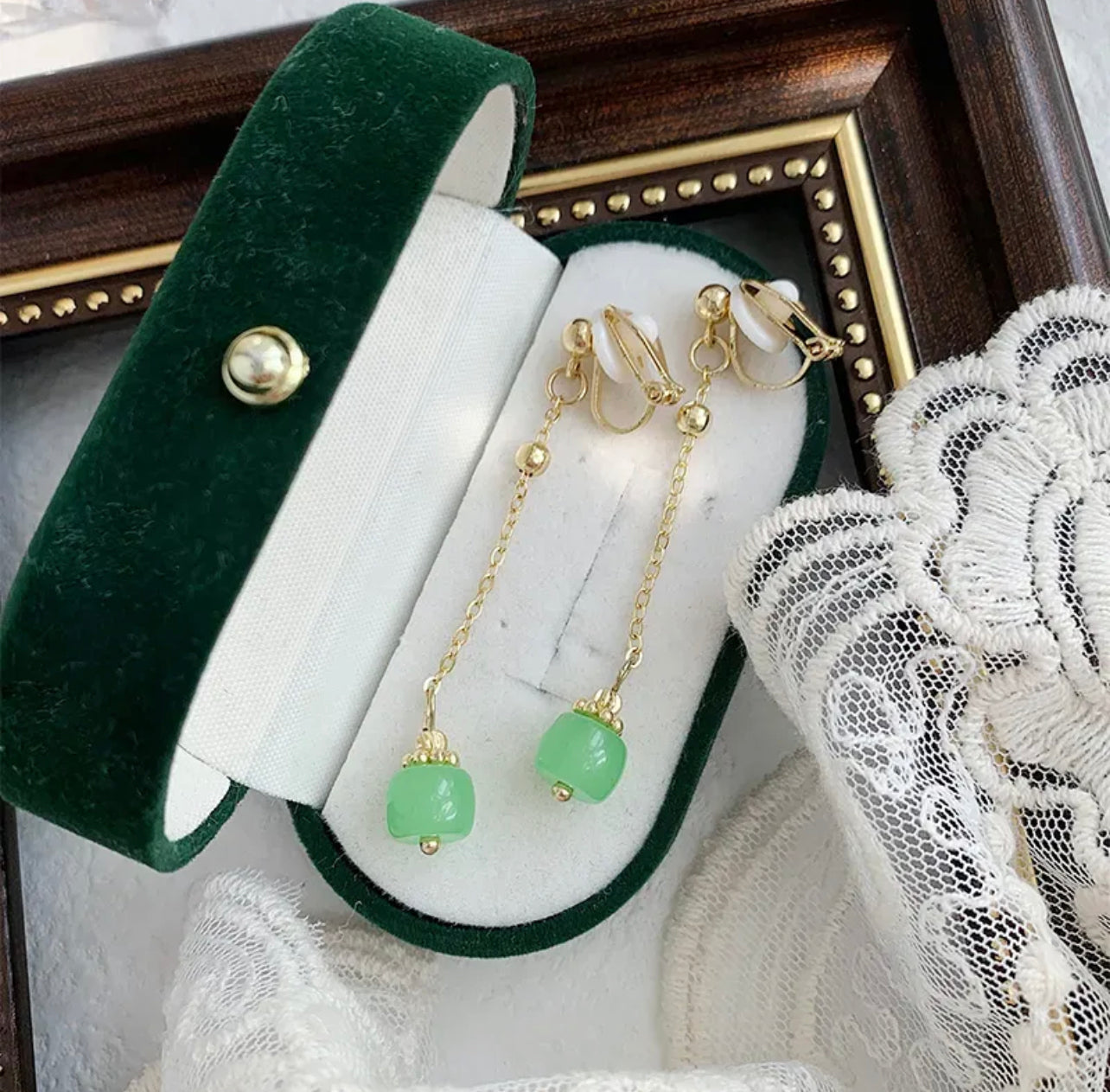 “Le Jade” (CLIP VERSION) Gold Green Earrings