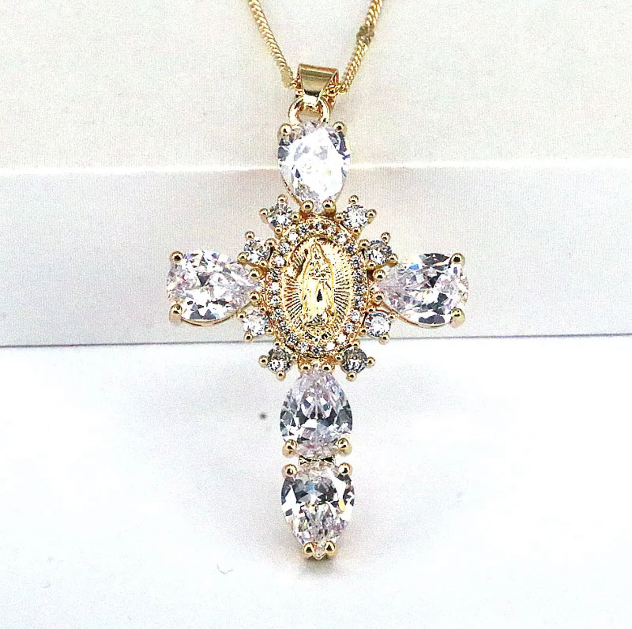 “Ave Maria” White Rhinestone Encrusted Cross