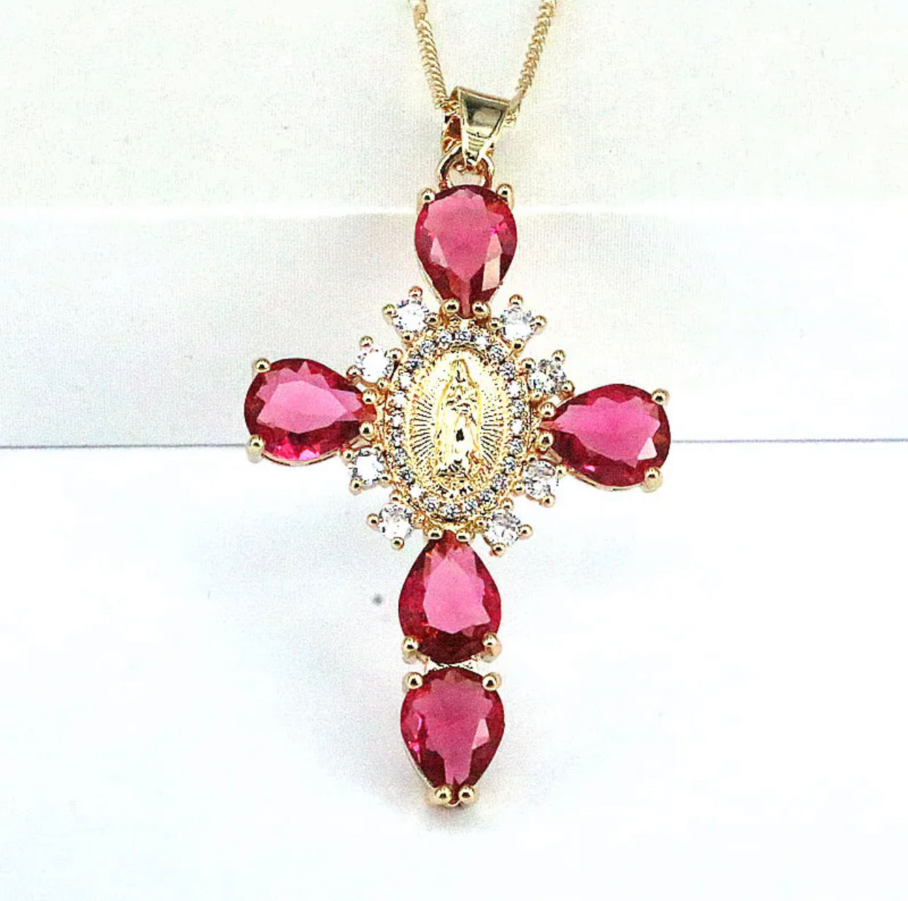 “Ave Maria” Red Rhinestone Encrusted cross